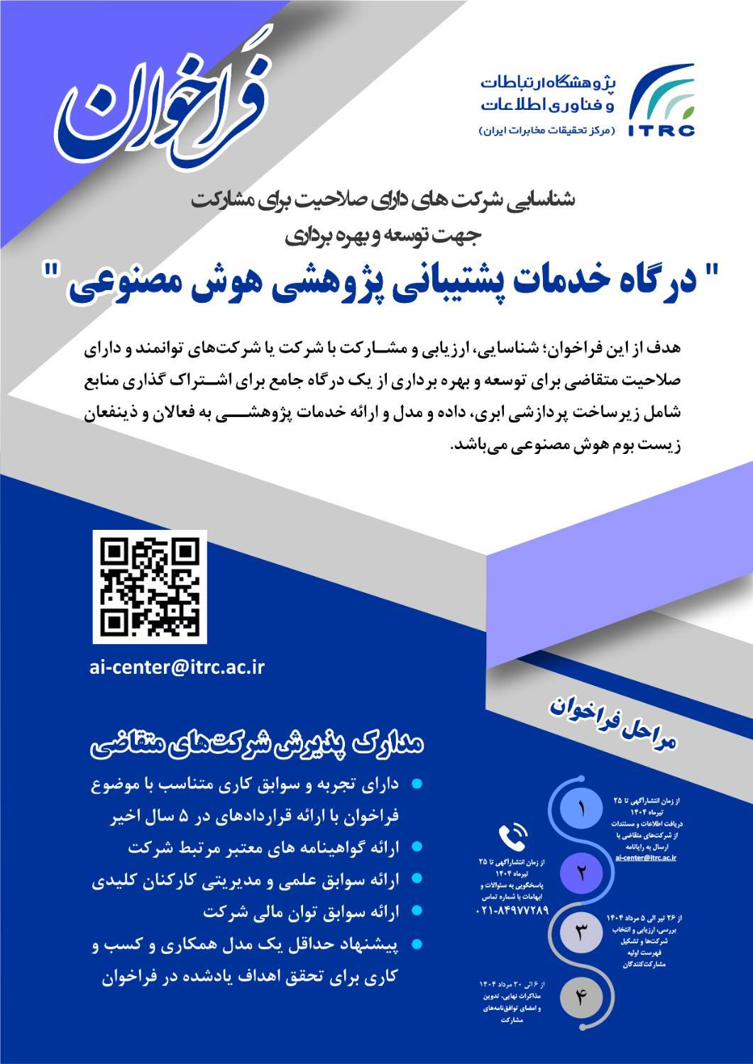 فراخوان شناسایی شرکت های دارای صلاحیت برای مشارکت جهت توسعه و بهره برداری " درگاه خدمات پشتیبانی پژوهشی هوش مصنوعی"